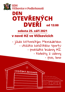 Grafická pozvánka na Den otevřených dveří Sboru dobrovolných hasičů ve Vlčkovicích v Podkrkonoší. Koná se v sobotu 25. září 2021 od 13 hodin.